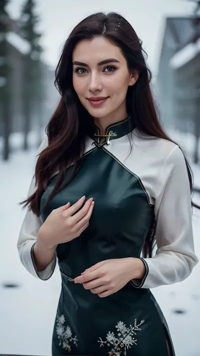 ((nordic woman)), perfect lighting, ultra realistic, 8k resolution, ultra detailed, instagram model, professional photography, travel, dark hair color, sexy traditional cheongsam， medium chest, shy smile, playful, freckled face, slim body, lifelike face, real face