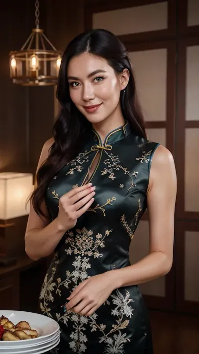 ((nordic woman)), perfect lighting, ultra realistic, 8k resolution, ultra detailed, instagram model, professional photography, travel, dark hair color, Chinese style close fitting cheongsam， medium chest, shy smile, nordic, playful, freckled face, slim body, lifelike face, real face