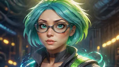 Female Hologram thief, sci fi, 8k, high quality, beautiful, vibrant colors, cyberpunk, goggles, green-blue flaming hair, rainbow circuits bokeh background, <lora:FaeStyle:1.5>, VCuteStyle, <lora:CuteCombine1:1.2>