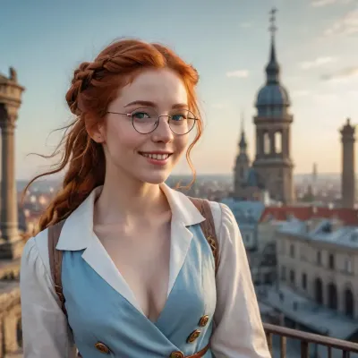 An 18-year-old girl in the style of steam-punk, red-haired, freckles, a joyful smile, the best quality, photorealism, a masterpiece, ice-blue eyes, a braid thrown over her shoulder, an open robe showing her naked body, the sunset sky, a telescope in the girl's hands. 18th and 19th centuries. round steampunk-style pilot glasses on his forehead, tiny tits with tight nipples, smile, dimples on cheeks., top view of the landscape. the old town with high towers, ruins covered with tiles, the sea with sailboats. There are steam airships in the sky, fantastic vintage steam planes with pipes. Fantasy-style flying island cities., flat breasts, shaved pink pussy, full-length view