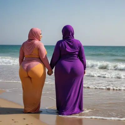 Ssbbw, two Woman arab hijab on beach, cellulite ass, big ass, fat cellulite
