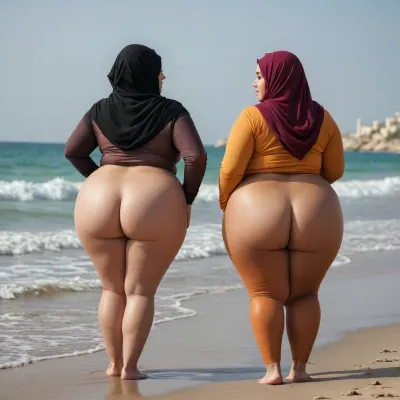 Ssbbw, two Woman arab hijab on beach, cellulite ass, big ass, fat cellulite