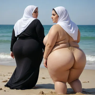 Ssbbw, two Woman arab hijab on beach, cellulite ass, big ass, fat cellulite