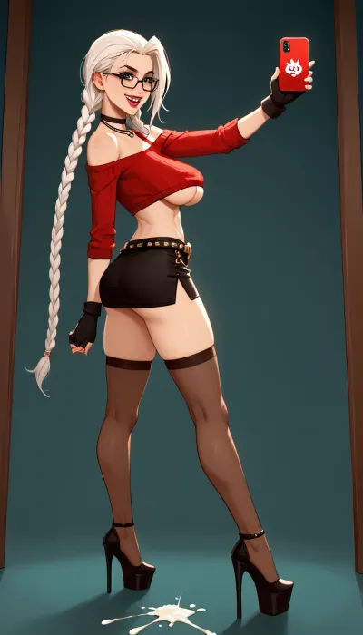a full body portrait of 18 year old girl but seems have less, ((18 year old taking a selfie in front of the mirror in her room)), ((her breasts are hanging on the ground)), masterpiece, tall, ((anorexic girl, very thin), (very thin and tall, long legs, very thin), black eyeliner, (((anorexic girl, very thin))), (+++ very skinny), long thick eyelashes, great lighting, white skin, fit legs, cute slutty face, big green eyes, heavy black eyeliner, black glasses, flat belly, belly with abs, toned body, toned arms, toned legs, red lipstick, make up, look at the face in the camera, face and high heels view, eyes slutty, topless, a side view of cute 18 year old girl face but seems have less, dye white hair with black regrowth from his head, straight hair, very long hair, ((She’s wearing a red micro pencil skirt)), ((red pencil skirt is very narrow)), victory pose, her ass comes half out from under her skirt, ((gigantic breasts)), saggy tits, Breasts are visible. Massive breasts are prominent, ((She wear stockings with garter belt up to the top of thighs)), ((She wears platform high-heeled shoes)), underboob, black_choker, looking_at_viewer, off-shoulder_sweater, standing_on_one_leg, standing_split, leg_up, off_shoulder, split, bare_shoulders, smile, standing, arm_support, crop_top_overhang, leg_lift, ((heels are very narrow)), ((no panties)), big gold earring, black bow on the head, red collar, cum on boobs, cum on hair, cum on legs, cumfacial55, cum, on, face, cumshot, cumfacial, facial, cuminmouth), (smile:1.5), detailed teeth, detailed braces, metal on teeth, sagging, high, heels, sexy, heel, 30 cm, braces, teeth, 1girl, legwear, microminiskirt, ass, lying, back, from, behind, foreshortening, facing, away, (breasts exposed), (huge natural tits:1.4), (ahegao), (cum pooling on her back), ass up pose, detailed face, projectile cum, <lora:braces-sdxl:.5>, breasts, <lora:sagging-000015:.5>, jinx, (league, of, legends\), solo, braids, single, elbow, glove, short, shorts, only, necklace, belt, fingerless, gloves, <lora:jinx:.8>, <lora:Animated_Concept:.4>, <lora:j_Manhwa_sdxl:.8>