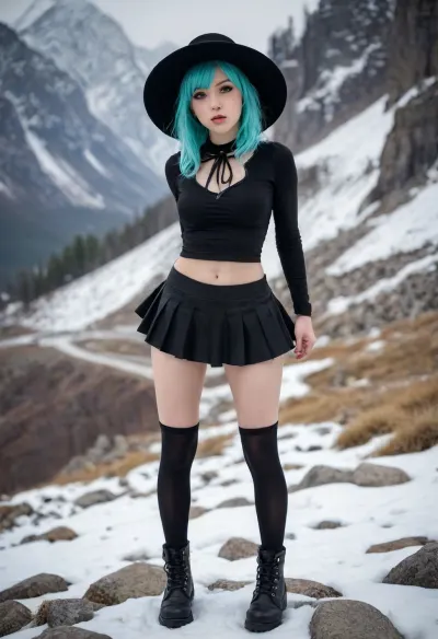 score_9, score_8_up, score_7_up, Fighting scene, shot from above, looking up against all odds, 1girl, pale skin, medium breasts, (black sunhat, black stockings, black skirt, black top, zipper boots, neon hair color, two tone hair, shiki 1_style, The Snow in the mountains, the cold underfoot, barren rock, stone and steel towering aloft, highly detailed)