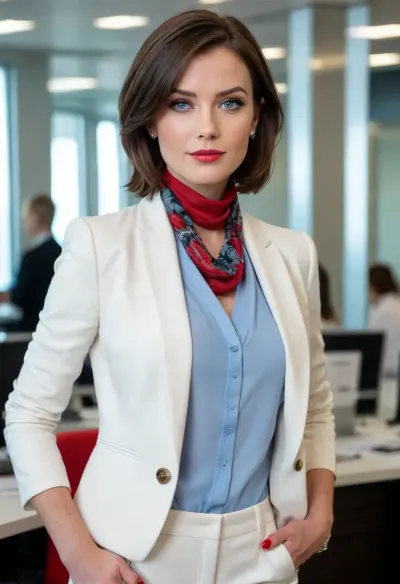 absolute beauty classy brunette hair 30yo woman, short brunette hair, bright ice blue eyes, red eye shadows, earrings, jewellery, a-line bob haircut with side parting, hair tucked behind ears on right side, round butt, she wears white shirt blouse with luxury scarf, black business suit with jacket, high heels, full body, she stands in a busy modern style office, show her from front, <lora:681678_training_data:.5>