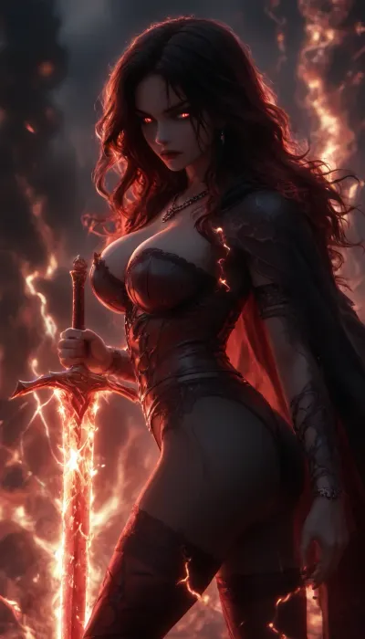 woman, long black messy hair, rings, earrings, necklace, bracelet, strong makeup, big breasts, perfect Body, best quality, perfect face, perfect body, highres, 8k wallpaper, (soft lighting:.5), quality, black hood, cape, ((deathknight black spiky full metal warrior armor)), hood, burning undead tomb, black warpaint, skulls, dynamic pose, fire armor bustier deep cleavage, (perfect ass), (dark red fire), (burning), (Leg armor), hkstyle, nipples, ((dynamic sexy pose)), angry facial expression, flaming eyes, (surrounded by fire), Black Lace Stockings Pantyhose Suspender Garter Belt Thigh High Socks, <lora:hkstyleV5:1.2>, <lora:dark:.6>, (burning dark red greatsword in Hand), very pale skin, (dark red flamewaves:1.5), ((dark red electricity:1.5)), <lora:add-detail-xl:.8>