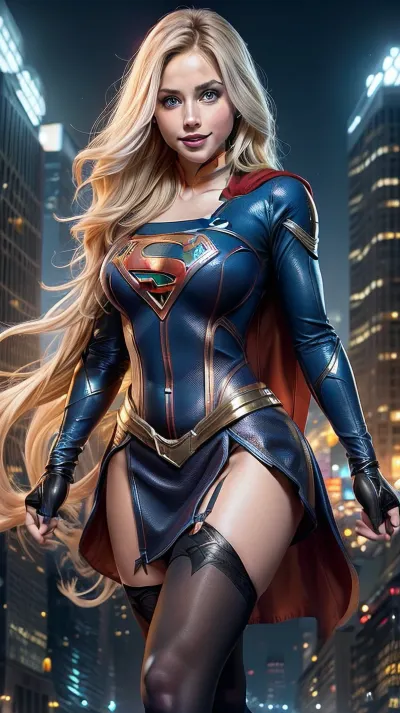 Hyper detailed fantasy illustration of a beautiful Supergirl. She has blonde hair and bright blue eyes with a clever grin. She is fit, curvy with an hourglass figure, wearing a form fitting black and silver colored version of the iconic suit with mini skirt and thigh high lace stockings. The background is Metropolis at night