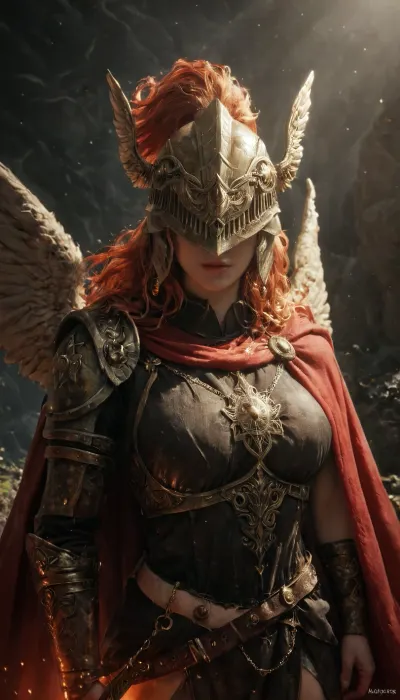 A, woman, with, red, hair, winged, helmet, sword, cape, <lora:Malenia1024:.8>, w3ers, <lora:508830_training_data:.8>, gldnorderxl, radagon, of, the, golden, order, glowing, effects, <lora:goldenorderxl-step00000408:.8>