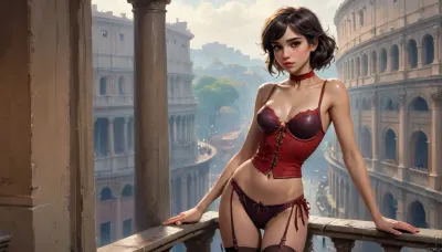 ((full body shot)), realistic v3, ((brunette with a fringe)), ((anorexic)), high definition, Sexy italian model, perfect figure, perfect face, ((morning she drink coffie and smoke sigaret)), wearing red-black vintage lace underwear stockings and corset, intricate details, Morning She is standing on the balcony Rome Coliseum on background, iridescent, vivid colours, trending on artstation, Jean Baptiste Monge, Michael Garmash Hyperrealistic photo perfect figure, Hyper detailed by Magali Villeneuve, Clint Cearley and Ekaterina Burmak, high definition textures, meticulous details, maximalist, high quality reflections Hyperdetailed Painting By Ismail_Inceoglu Tom Bagshaw Dan Witz CGSociety ZBrush Central Fantasy Art 4K, sidelight, frontlight, morning Rome background with Coliseum, cinematic_lighting, blush, arms_behind_head, nsfw, sweat, wet, rain, neiyi1, damimi, mystery of the dark space, dynamic, dramaticRAR, <lora:Better Anime Backgrounds - [Background] - SDXL Version 1:.5>, <lora:Animated_Concept:.5>