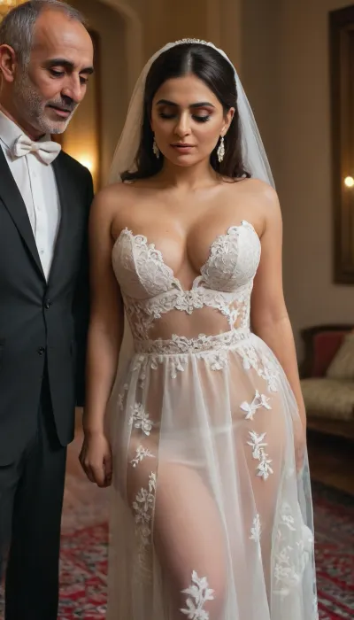 deep and open v neck dress, cutout wedding dress, cutout under boob dress, saggy big tits, Almost the entire breast was visible except for the nipple, A romantic wedding photo of an Iranian couple, busty woman, big heavy tits, heavy boobs, big cleavage, heavy bridal makeup, wearing modern minimal sexy and slutty Strapless mini white lace sheer dress, side boobs exposed, dress with a very high and very deep V-neck, long v neck dree, The woman is happy, Bride's big breasts are rubbed by two Iranian horney very old men in suits, sfw image, cut0ut, dress, <lora:SDXLHighDetail_v6-000005:1>, <lora:453037_training_data:1.2>