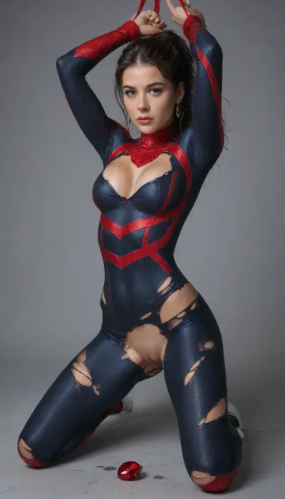 Petite 21 year old brunette super hero, tight spiderman costume, big tits, captured, nice cleavage, torn costume, tied up, red gemstone butt plug, wet pussy, explicit, looking away from viewer