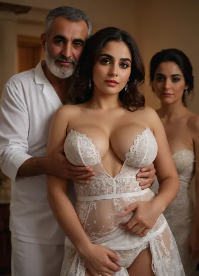 deep and open v neck dree, saggy big tits, Almost the entire breast was visible except for the nipple, A romantic wedding photo of an Iranian couple, busty woman, big heavy tits, heavy boobs, big cleavage, heavy bridal makeup, wearing modern minimal sexy and slutty Strapless mini white lace sheer dress, side boobs exposed, dresswith a very high and very deep V-neck, long v neck dree, The woman is happy, being touched by a two old Persian men., BadX, cross_pasties, See, "Trigger, List", <lora:Creat0r_MagicDetailzV2_FIX:1.5>, <lora:Breast Helper - [Concept] - Version 1.2:1>
