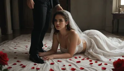 humiliated and kneeling in shame, a bride in a white wedding dress with a long veil lying on a black bed, two dominant black men in black leather outfits standing over her, a dark and erotic wedding setting with red lighting, rose petals on the ground, a sign saying "Black Property". in the background, power dynamics, racial humiliation theme, breeding fantasy theme with the bride being claimed, cinematic style, highly detailed, dramatic lighting, 8k resolution