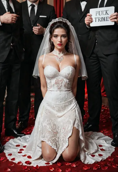 A humiliated white Persian bride in a wedding scene, kneeling in shame, a bride in a white wedding cutout dress with a long veil lying on a black bed, her body covered in body writing with red and black markers, texts like 'Breed Me by Black Kings', 'White Cuck’s Shame', 'BBC Only', and 'Black Owned' written on her stomach, chest, and thighs, two dominant black men in black leather outfits standing over her, a dark and erotic wedding setting with red lighting, rose petals on the ground, a sign saying 'Worthless White Groom' in the background, power dynamics, racial humiliation theme, real breeding fantasy theme, cinematic style, highly detailed, dramatic lighting, 8k resolution"