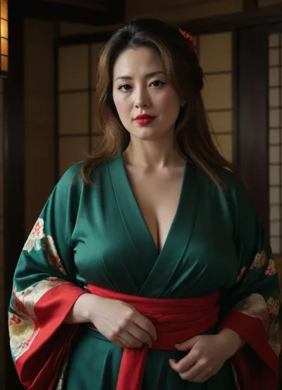 Shooting photo, in Japanese traditionnel house french woman, 42yo, chubby body, 32D big saggy tits, 5'10", long brown hairs, make-up, red lipstick, wearing dark green kimono