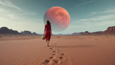 low angle photgraph, a woman walks towards the you in a barren red desert, she is looking at the you, in the sky above her looms a hage ringed planet, leaving a sigle trail of footsteps in the sand behind her, the sky is slightly green, ---------
