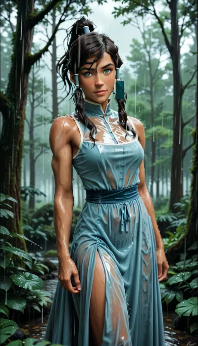 korra from Avatar, comic dress, under rain, forest