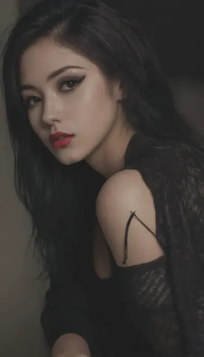 (full-body view:1), (view from head to toes:1), (zoom out:1), full-length photo, Stunning high-quality image, profesional photograph, perfect bright studio lighting, (photorealistic), (8k resolution, maximum quality), highly detailed skin, (dark skin:1), (tan asian skin:1), (brown skin), perfect skin, beautiful 21 years old thai woman, (Thai model:1), (beautiful Chinese woman:1.8), (Chinese model:1), symmetrical face, (High cheeckbones), (shallow nose bridge), (cute nose:1), (wide and flat nose:1.6), (big lips:1.6), full lips, large mouth, (long chin:1.6), strong chin, big chin, (long jaw:1), (dark red lipstick), (strong black eyeliner:2), (heavy dark eyeshadow:2), (glamorous makeup), (thin eyebrows), looking straight at camera, slender build, big breasts, firm breasts, slender waist, skinny legs, slim thighs, perky ass, (black glossy hair:1), (long bob hairstyle), (large silver hoop earrings), In a concrete room, damp, dirty, stained, grey concrete walls, standing, wearing hip-hop converse shoes, miniskirt, black bra top, fishnet stockings, studded collar