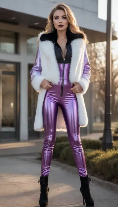 (((((((((sweet delight a sight to behold), ((((peeping effect)))), (languid look and slight languid smile), (((lady style:1.65)))), ((decent, intelligent, well-groomed, wide busty figure mature milf, hot milf, exhibitionism style, artstyle, poor fucking me, 1980 style in russia, winter snow and mud, many women, MILF, Russia woman 28 years old standing at a bus stop)), (((purple-white voluminous fur, in a winter type of clothing), (Candy-mix deep-dark-black), ((iridescent colors of metal tarnish, deep-dark-mirror)), ((black-chrome with dark-metallic-mirror shimmer)), (dark-black with metallic fur, fur cape or collar, dark lace with trim, dark border edge trim), (lacing and metal fastening inserts, visually), (shiny glossy reflective leather leggings with stitching and pleats), (leggings))), (((women's leather bag))), (in leather boots), (view from the back), (view from the side), ((long curly locks thrown over the shoulders, platinum blonde:1.65)), ((face white skin, dark bright lipstick, black eyeshadow and eyelashes, blush, face with wrinkles but young, fresh sexy mom, granny still sexy, short bob hairstyle with straight combed hair, voluminous styling 80s style)), (provocative, mature but fresh cute, outwardly very pleasant, sweet, gentle, modest, fragile face, extra fat, lady in the body but slender, lean, fit, woman sexy, amateur, mature sex, delicious milf, big standing boobs that are about to jump out, with push up effect, clear image, high quality, detailization, 3D effect, presence effect, POV, focus and sharpness of objects, ultra-quality, high detail, detailed hands, fingers, jewelry), (bare breasts on display, deep neckline, silicone boobs with cup number10), (powerful daylight, shadows and light create 3D volume and realism of what is happening, detailed lighting, high-quality lighting, emphasis on the figure, boobs and torso, narrow waist, wide, tight hips, Prophoto digital in high resolution quality, image made on high-quality with powerful photo flash, (gothic style), (masterplace)), ((stockings with wide cuffs, garter belt with straps, beautiful slender pumped up female legs, hiny patent leather stylish, leather clothes with a pattern embossed print crocodile leather, iridescent colors, fetish foot stiletto, strap, Extreme High Heel 12 Inch Platform Boots, extreme stiletto shoes, on a super high narrow heel with a pointed toe, and a strong almost ballerina arch of the metatarsus)), ((close up of face and legs with shoes)), ((around the grayness of Russian reality she is a light in the center, sweet tender virgin girl)), (clear boundaries of gradient transitions), (((high boots over the knee, extreme high heels shoes))), ((young unconventional daring photo model, woman in sharp focus and clarity, bimbo girl with wow effect)), ((((warm candy shades, prostitute style)))), ((photo god level, outrageous quality, ultra futuristic, unreal, light from the sun at sunset, natural color beautifully reflects and fades from surfaces)))))))))