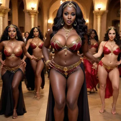 Belly dance group with old housewives, ((dark black African housewives)), dark black Asian-African dancers, very dark skinned women, ((the skin like very dark chocolate)), (((extremely dark skin))), ((belly dance)), dressed in very tight red erotic belly dance outfit with golden coins, each woman with different colored veil, veil, swirling in station hall, hair fluttering, plump breasts with huge big nipples bobbing during the dance, the huge firm breasts spilling out of the bra, very small bra, (balconette), the clothes barely cover the dreamlike perfect body, (((hourglass figure))), huge big beautiful breasts, wide protruding pelvis, wide thick round ass. Spectators stand outside and clap, realistic picture on all women, dancing poses

Translated with DeepL.com, (free version), Translated with DeepL.com, large, breasts, big, boobs, huge, tits, <lora:bombshell_v2:1>