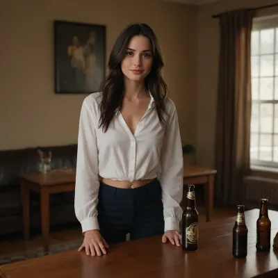 Lena is in the living room. There's a brown paper bag filled with beer bottles on the table. She's standing next to the table.
Her long, dark hair falls lightly over her face. A mischievous smile plays on her lips.
She's wearing a white blouse but no pants. She's completely naked from the waist down. You can see her pussy. She looks at me sexily and playfully.