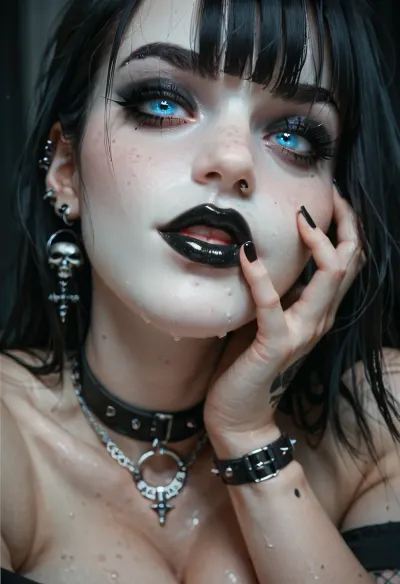 score_9, score_8_up, score_7_up, score_6_up, 1girl, gothic, goth, pale skin, (pale skin), blue eyes, (black hair), bangs hair, black eyeliner, black nail polish, (black lipstick), white skin, perfect skin, black choker, navel piercing, gothic bedroom, no tan lines, extreme snatched waist, slim hips, hour glass body, perfect ass, small ass, naked, pantiless, topless, dripping pussy, wet pussy, pussy juice, presenting pussy, huge breasts, very aroused, she wants to have sex, fuck me eyes, fishnet stockings. orgasm face, anal sex, ((ahego face)), (((spreading ass))), extreme close up, pussy, close up, cock slut, showing ass