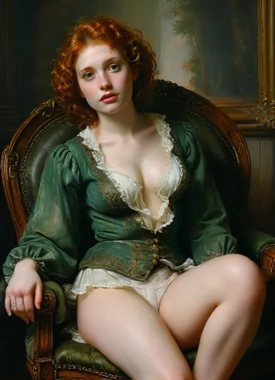 redhead girl, close-up, (short body:1.4), sitting on a chair, legs spread, (White panties are visible:1.4), mouth a bit opened, pleasure look, wet skin, detached collar, curly pixie haircut, (medium-heeled shoes:1.2), (green dress:1.3), grey background, hdr, intricate details, hyperdetailed, cinematic, style, of, Rembrandt, <lora:tbh135-sdxl:.8>