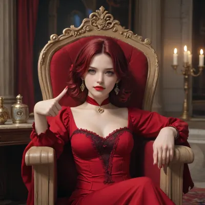 (Mistress Aethany's Throne Room), Luxurious, dimly lit chamber with crimson walls adorned with golden accents and lavish tapestries depicting scenes of dominance and submission. A grand, ornate throne sits atop a dais, surrounded by plush velvet cushions in deep purple hues. The air is thick with the scent of incense, adding to the sensual ambiance., (Mistress Aethany's Posture), Leaning back slightly in her throne, mistress cradles your face in her hands, thumbs stroking your cheekbones as she gazes down at you with an intense, possessive look. Her full, crimson lips curve into a satisfied smirk, revealing a hint of fang.