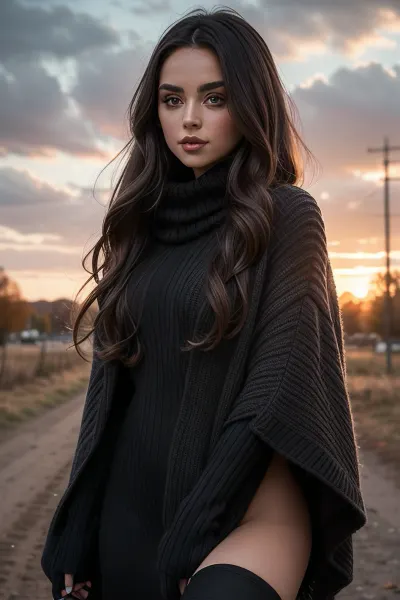 girl wearing a black midi dress, knitted poncho, overknee winter boots, long hair, seductive eyes, soft lips, dynamic angle, autumn fashion, sunset