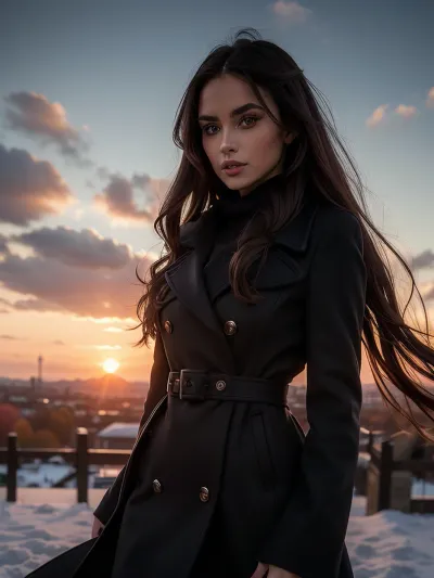 girl wearing a black midi dress, coat, overknee winter boots, long hair, seductive eyes, soft lips, dynamic angle, autumn fashion, sunset
