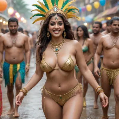 Indian hot sexy woman, having 6 feet height, 35 years of age, (white skin tone), (long and messy wet hair), ., (dressed in brazilian carnival attire), (covered with jewellery), dancing with joy no bra, (golden heels with thin string wrapped), hand filled with jewellery, naked boobs, colours, Realistic face, clean hands, (perfect fingers), (brazilian carnival party), fully nude woman, big round boobs, flashing to public, seductive sexy smile, wet body, sexy thighs, (hour glass body), (realistic face), wide face, hd photo, (full size), carnival rally, (topless), (shaved pussy), in 4k, photo taken from far