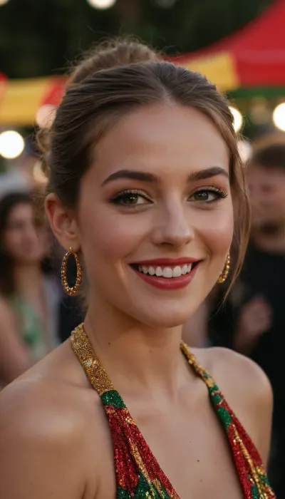 A beautiful young woman at a festive outdoor event, smiling brightly as she talks to someone. She has a warm golden complexion and delicate facial features—high cheekbones, full lips, and expressive eyes adorned with shimmering face gems. Her light brown hair is tied in a loose low bun, with a few soft strands framing her face. She's wearing a bold black halter top with a large metallic ring at the center, creating an open front that highlights her curvy figure. On her arm, she has a colorful band in red, yellow, and green, suggesting a cultural or carnival vibe. The background is lively and slightly blurred, capturing the vibrant atmosphere of a sunny celebration.