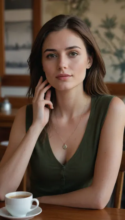 Create an image of a young woman sitting at a wooden table in a cozy café. She has a slender build and is wearing a sleeveless olive-green top that accentuates her neckline, paired with a slightly open, long-sleeved brown cardigan that drapes over her shoulders. Her long, straight, medium-brown hair falls over her shoulders, framing her face. She has fair skin and is accessorized with a delicate necklace. One of her hands is raised near her face, as if adjusting her hair, while her expression remains neutral. On the table in front of her is a white cup of coffee or tea in a matching saucer. In the background, there is a mural depicting a café interior with tables, chairs, and plants, adding to the warm ambiance of the scene.