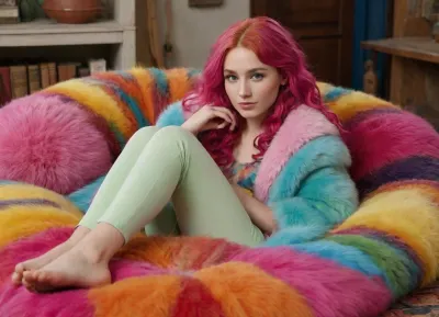 Young woman with fiery red hair lying on a multicolored, plush carpet of large, round cushions. braless, under a multicolored fur shawl with long fibers. Its fluffy, slightly shiny fur provides a cozy feeling of comfort. The fur appears fluffy and has a slight sheen, suggesting a plush and cozy, quality colored lace thong panties. Caucasian ethnicity, appears to be in her late teens or early twenties. Expression is relaxed and approachable, with a slight smile. She rests her hand gently on her cheek. Body language is casual and inviting, lying on her stomach with her head turned towards the camera. Room features shelves filled with various colorful stuffed animals. Colorful, fluffy, round cushions of different shades of pink, yellow, orange, green, and blue create a vibrant and playful aesthetic. Natural light illuminates the scene, casting soft shadows. The color palette is bright and cheerful, with soft pastel hues. The cushions are a faux fur texture. Low-angle, wide shot perspective, emphasizing the plush carpet and the woman's relaxed pose. Playful and slightly provocative, with an overall warm and inviting mood., edgJG, fashion, wearing, edgJG_style, clothing, <lora:edgGallianoXL:.8>