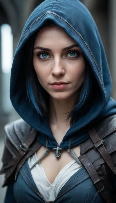 Ultra realistic, Assassins Creed style, young beautiful German elf girl, friendly cute tall tall face, with wild blue and black hair, muscular body, wearing armored cyberpunk clothes and a black hooded greatcoat, relaxed pose