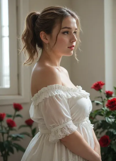 30 years old girlfriend, off-shoulder, ruffle dress, white lace, soft lips, flirting eyes, blond hair, wavy ponytail, chubby, summer sunshine, dynamic angle, side view, roses