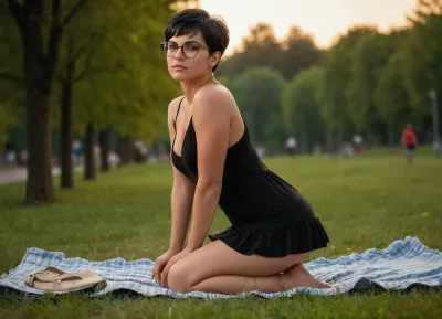 beautifull italian woman 28 years in summer clothes, the view is from back and side, she has athletic muscle legs, the view is from bottom to top and you can see under her miniskirt the pussy, no panties wearing, big saggy tits, the scene is in the park with jogging people, she is lying on a blanket on the meadow, (Photorealistic, ultra-realistic, realistic face, big nerdy glasses, short black pixie hair, looking away, innocent face, 4k epic detail, casual photo, soft focus, depth of field, 8k photo, HDR, professional lighting, taken with Canon EOS R5, 75mm lens, full body view), summer dress, golden hour, ruffle, mini, dress, <lora:BT_Ruffle_Mini_Dress_XL:.3>, nipslip, side boob, <lora:germanbreasts:.8>