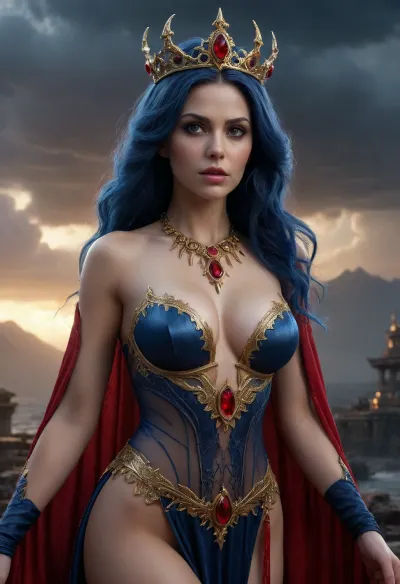 a mesmerizing 3D rendering of the Black Witch, dressed in a flowing, transparent gown that exposes her super-hyper hairy pussy and her deep crimson, sheer velvet breasts with intricate gold filigree embroidery, her scorpion-tail crown adorned with glittering blood-red rubies, her piercing, ethereal eyes glowing with an otherworldly intensity, against the backdrop of a turbulent, electric-blue storm brewing behind her, with lightning illuminating the dark, ominous clouds, rendered in an exaggerated, hyper-realistic style, with intricate textures and dramatic, cinematic lighting, using cutting-edge 3D modeling software such as Unreal Engine, Octane Engine and V-Ray, evoking the fantastical, dreamlike quality of a Pixar film