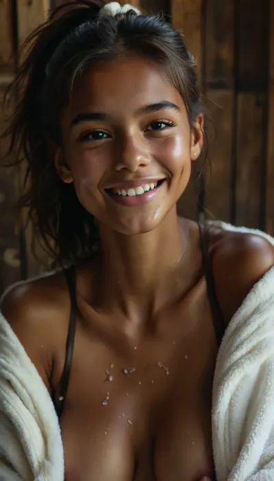 Ultra realistic, 8k, 3d effect, (((side view))), (((Her boyfriend holds his penis in her face))), (((deep of the field))), (backlight), tiny Meika woollard, (dark mulatto), (((Absolut beautiful Perfect round face))), insta model, ((very sweet face)), (((small smile))), (((lying on her back on a towel))), (((One leg bent))), (((big Public sauna))), (((Thick white open bathrobe))), ((Hands one back)), ((luxury wooden sauna)), (very slender body), (((Low Angel View))), ((from below)), (((vaginal Pussy closeup))), (((focus one Pussy))), ((focus one ass)), ((very hairy pussylips)), (very hairy pube), ((very Long Pubic Hair)), (((shiny wet Pussy))), ((dripping Vagina)), 20 years old, ((oiled skin)), (DARK makeup:1.2), ((very skinny)), ((black very straight strong high flat ponytail)), (teen girl:1.6), (((DARK inner pussylips))), ((big large inner pussylips)), ((wide gaping asshole)), <lora:DetailedEyes_V3:.6>, <lora:add-detail-xl:.7>, <lora:ahxl_v1:.4>, <lora:BUT_SDXL_SHS:1>, <lora:openxl_handsfix:.8>