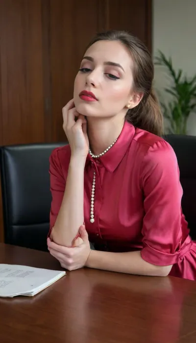 Young girl, (Side view), Skinny Instagram model, (Narrow chin, wide-set eyes, thin nose), straight long glossy ponytail hair, pink lipstick, Instagram photo, biting, own, lip, (satin dark red office shirt, big long Pearl Necklace, satin thick wide long straight black skirt), sitting on office chair without table, ((head lying on table, She dropped her head on the table, arms lying on table, hands on table, bent over table, Her arms are folded under her head, head is lying on her hands, head is turned to one side, sleeping while sitting, head and arms lying on table)), head lying on table