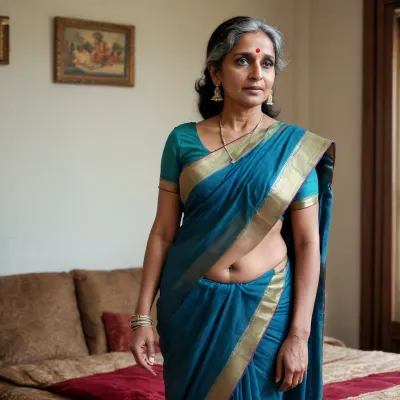 sexy mature 60 years old indian woman, big saggy tits, less ornaments, wearing saree, cleavage, long distance photo, full body, standing