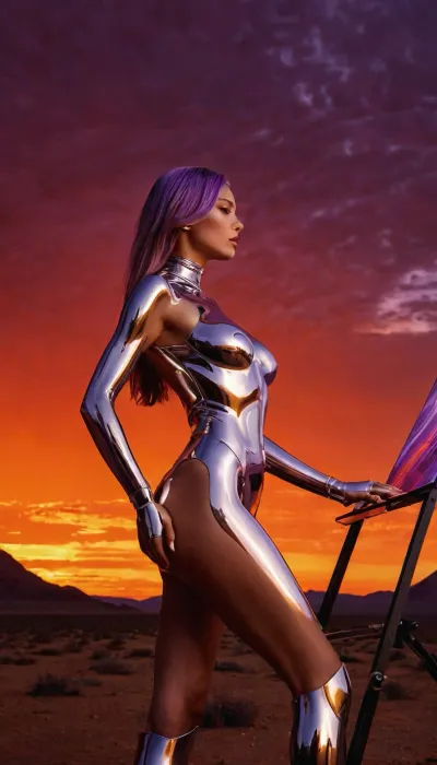 Hajime Sorayama artwork, a low angle photgraph, side view, bright light, perfect light, sunset, in an artificial alien landscape of barren red desert and bright purple sky, with a gas giant looming overhead in the background. Photorealistic, detailed, brigh lighting, cinematic scene.

A graceful a hajime sorayama designed female android, sleek and futuristic, stands in front of a painters easel. She is painting a sunset — bright orange, red, and purple hues glowing on the canvas. The robot holds a painting brush in her metal fingers, mid-stroke. The sunset on the canvas is clearly visible, mirroring the real sunset on the horizon behind her. ---------
She is naked and hairless, and her skin is completely made of polished and shiny chrome, (chrome skinned), . She has slender build, narrow hips, firm breasts, perky breasts, long slender legs, she has radio antenna where easrs would be. ------ -----
8k Wallpaper, high contrast, RAW Photo, Masterpiece, Ultra High Definition, Sharp Focus, Flawless Clarity, Crystal Clarity, 8K UHD, Photo Realism, ------------
Chrome, Skinned, gynoid, Android, Cyborg, Cybernetic, metallic, chrome, skin, <lora:179151_training_data:.9>, <lora:650580_training_data:.8>