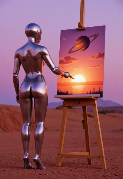 Hajime Sorayama artwork, a low angle photgraph, side view, bright light, perfect light, sunset, in an artificial alien landscape of barren red desert and bright purple sky, with a ringed gas giant looming overhead in the background. Photorealistic, detailed, brightly lit, cinematic scene, softbox lighting.


A graceful Hajime Sorayama designed female robot, sleek and futuristic, stands in front of a painters easel. She is painting a sunset — bright orange, red, and purple hues glowing on the canvas. The robot holds a painting brush in her metal fingers, mid-stroke. The sunset on the canvas is clearly visible, mirroring the real sunset on the horizon behind her. She is naked and hairless, and her skin is completely made of highly polished and shiny chrome, (chrome skinned), . She has slender build, narrow hips, firm breasts, perky breasts, long slender legs.


8k Wallpaper, high contrast, RAW Photo, Masterpiece, Ultra High Definition, Sharp Focus, Flawless Clarity, Crystal Clarity, 8K UHD, Photo Realism.


Chrome, metallic, chrome, skin, By, Hajime, Sorayama, Chrome, Skinned, gynoid, Android, Cyborg, Cybernetic, <lora:chrome_flux-000010:2>, <lora:Hajime_Sexy_flux_robot:2>, <lora:hajimesorayama-style-f1:2>