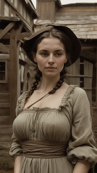 A beautiful curvy peasant woman, 40 years old, of Slavic ethnicity, stands near a dilapidated wooden barn. Her face holds a calm, yet weary expression. Her dark brown eyes, slightly downturned. She wears a linen chemise, antique in style, reaching her ankles. The garment is unbelted, with long, wide sleeves that fall loosely to her wrists, unfastened. A simple neckline is tied with thin, dark linen tapes. The texture of the linen is coarse, slightly rumpled. Her hands, calloused and strong, hang loosely at her sides, her posture stooped yet dignified. The woman's dark hair is pulled back in a simple braid. The barn, constructed from aged, grey wood, shows signs of decay—warped planks. The background is a muted palette of browns, greens, and greys, reflecting a late afternoon light. The overall style evokes a realistic portrayal, reminiscent of Russian realism, with a focus on capturing the raw honesty and dignity of rural life. The composition is a three-quarter view, slightly low angle, emphasizing the woman's stature against the imposing backdrop of the barn. The lighting is natural, diffused sunlight casting soft shadows, enhancing the textures and details of both the woman and her surroundings., vntgdrwngCE, style, fanslu, <lora:FantasySlums-10:.8>, HyperSmoke, dark, background, black, backlit, theme, <lora:lowkey_v1.1:.8>