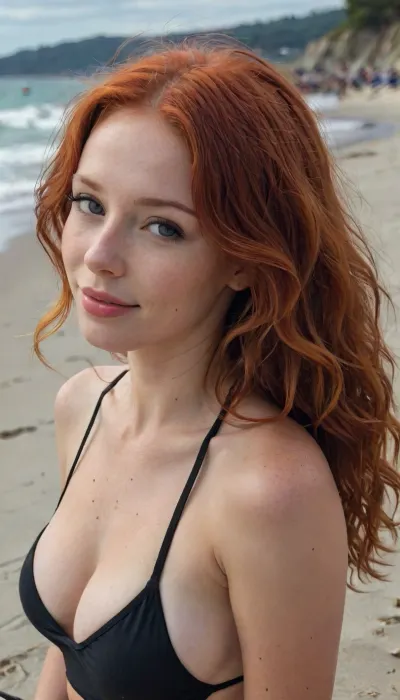 half body, 3/4 view portrait of a girl with red wavy hair, sitting on the beach, red hair, side view, tiny boobs, black swimsuit, facing side, beach, 4ng3l, face, view from top, looking at viewer, smiling, <lora:SDXL_BetterFaces-LoRA_v1:.5>