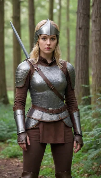 {', MORE_DETAILED_CAPTION, ', 'The image is a still from a movie or TV show. It shows a young woman dressed in medieval attire, wearing a brown leather jacket and a chainmail helmet. She is holding a sword in her right hand and is standing in a wooded area with trees and bushes in the background. The woman has blonde hair and is looking directly at the camera with a serious expression. She appears to be in her late twenties or early thirties.'}