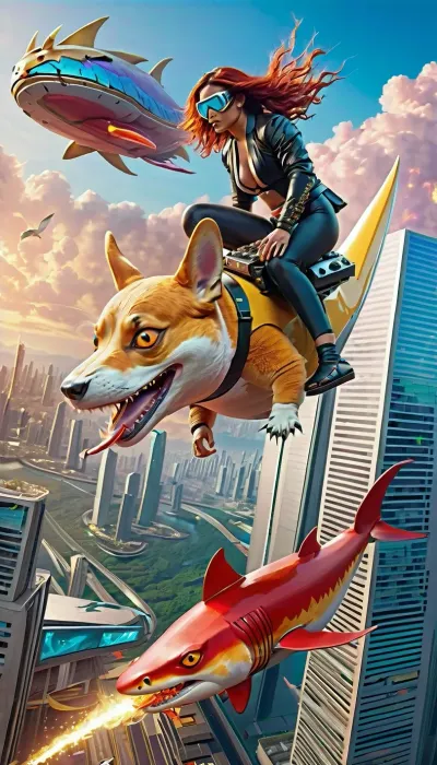 A mysterious nude woman with fiery crimson hair and glowing yellow eyes lounges atop a giant, chrome-plated shark with jet engines strapped to its sides, its jaws lined with spinning chainsaw teeth. The shark hovers midair inside an infinite cityscape where gravity is optional and logic retired years ago. In one hand, she holds a glowing, translucent taco, inside of which a tiny luchador and a samurai are locked in an epic wrestling match, their battle creating ripples of neon energy that distort reality around them.

The streets below are a riot of impossible action. A gang of cybernetic sumo wrestlers grapple atop a bullet train that’s drifting sideways along a vertical skyscraper, while an army of business-suited velociraptors parkour through the glass windows, briefcases exploding into clouds of holographic yen. A three-headed DJ with glowing turntables hovers in the air, dropping bass so intense that the buildings around him vibrate and shift colors like living equalizers. Giant, flaming kanji symbols burst in the sky every time someone lands a perfect combo in the citywide, no-rules martial arts tournament happening on every rooftop.

Above, the sky is an ever-shifting anime title sequence, where comets shaped like screaming skulls collide in slow-motion while an enormous, armored koi fish surfs down a river of pure lightning. A colossal, floating ramen bowl the size of a sports stadium hovers nearby, where warrior-monks duel atop floating chopsticks, their swords clashing in dazzling sparks of golden broth. A kaiju-sized corgi, wearing a leather jacket and cyberpunk goggles, skates through the sky, barking in autotune as flocks of holographic pigeons scatter in every direction.

At the center of it all, a throne made of crashed motorcycles and shattered arcade cabinets hums with crackling energy. Seated atop it, a masked figure wrapped in glitching neon chains flips a gold coin into the air, the coin splitting into a hundred smaller versions of itself before each one detonates into a separate explosion of fire, lightning, and pure, distilled anime chaos. As the woman takes a bite of her taco, the entire city seems to inhale in anticipation—before everything erupts in a kaleidoscopic supernova of speedlines, slow-motion action shots, and an electric guitar solo that can be seen as well as heard.