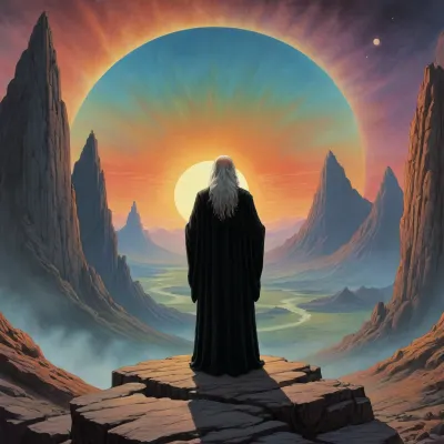 1970s dark fantasy, a vintage tarot card depicting an old man with long beard and black robes standing on top of the mountain, holding up his hands in praying gesture towards sun, mystic, occult, colorful illustration by Beksinski and Moebius, dark fantasy. In style of lithograph, colorful, vintage.