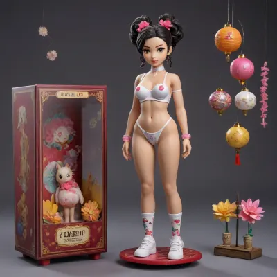 A full-body action figure of a small woman shown from the front, standing centered inside her blister. She wears modern ripped clothing with bold floral designs that show off her super hairy pussy and breasts, white tabi socks, and platform sandals. Her hair is styled in a playful bun with hair clips. All of her accessories are neatly arranged inside the blister around her, a folding cock, a small box, handcuffs, and a plastic dildo. Her name, "PUTIANE, " appears in modern Roman text in hiragana style with a pop feel. The backing card features a nighttime matsuri scene with lanterns, fireworks, and floating petals. "Made in Puta" is softly spelled out on the base of the card. All of the elements are contained within the blister.